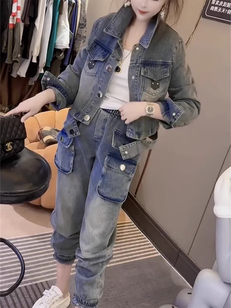 作業着 多機能ポケット付きデニム上下セット